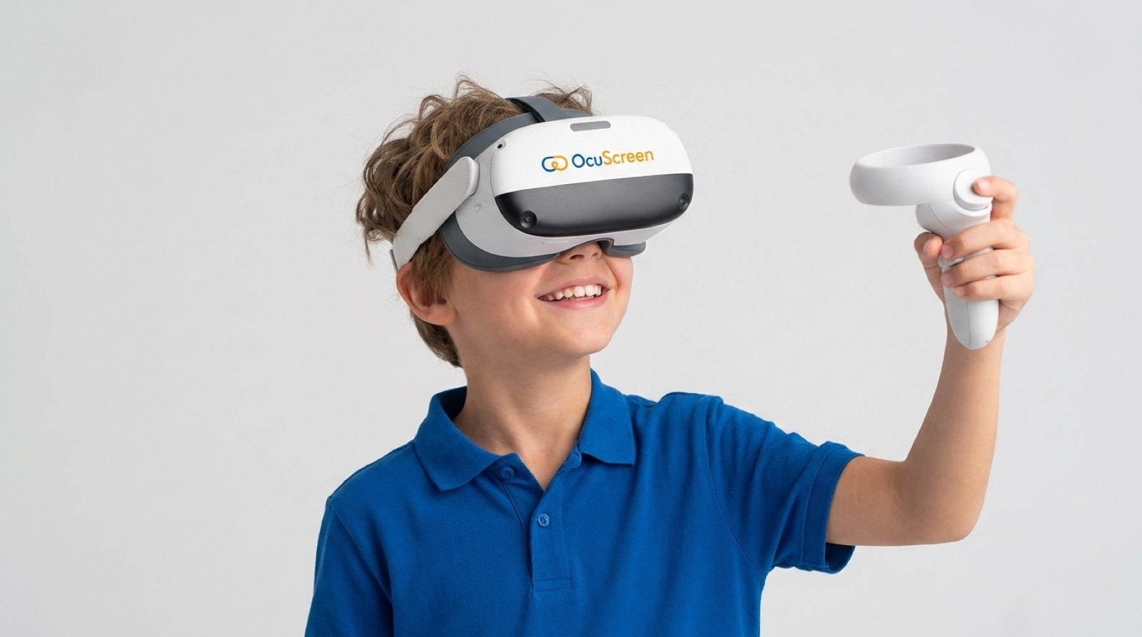 A child wearing the OcuScreen VR headset, holding the controller